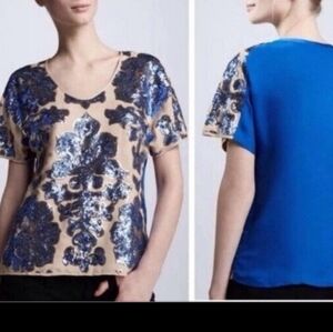 Neiman Marcus Blue and Beige Sequin Blouse